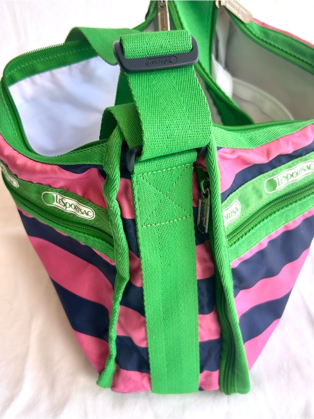 LeSportsac Green Crossbody with Pink and Navy Stripes - Picture 9 of 12